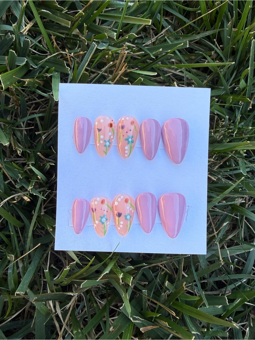 Peach-Pink Floral Press-On Almond Nails — Ready-to-Wear Set